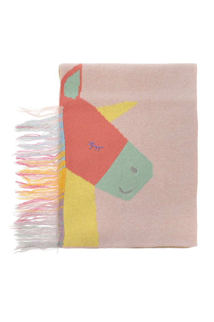 STELLA MCCARTNEY KIDS Pink Knit Scarf with Unicorn Intrasia and Fringe