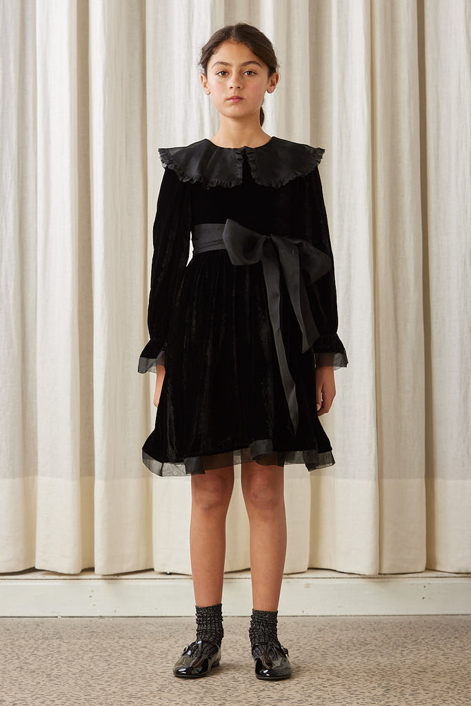 PETITE AMALIE "A Cinderella Story" Velvet Dress with Organza Collar in Black