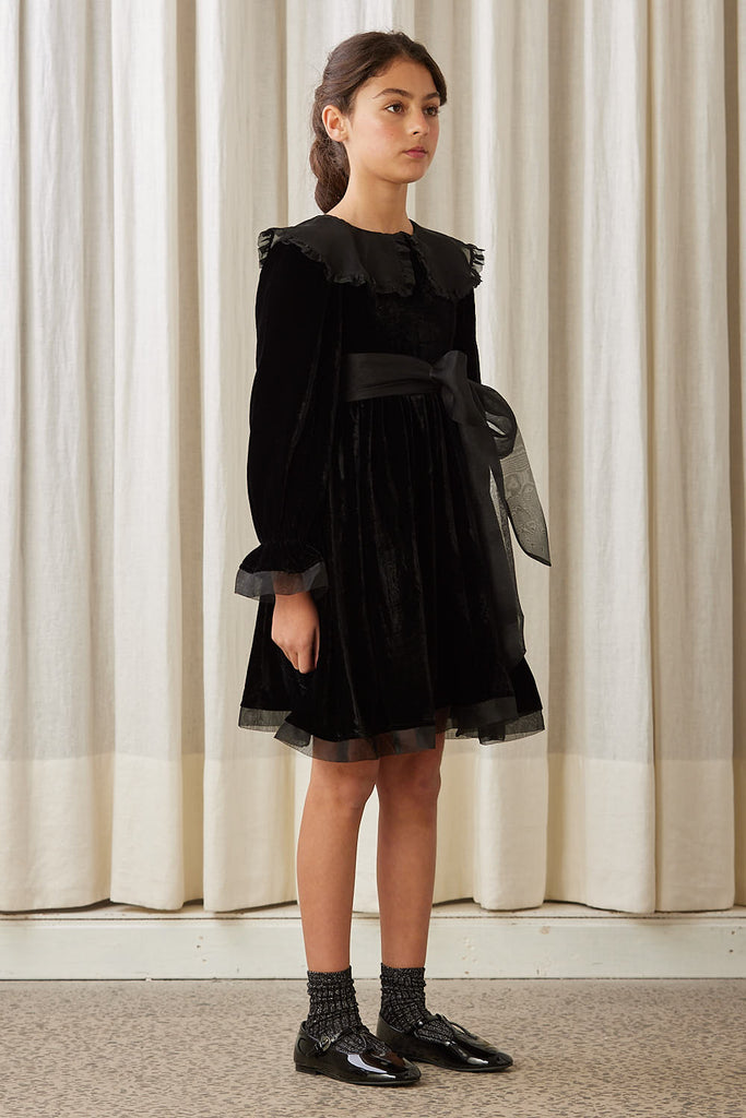 PETITE AMALIE "A Cinderella Story" Velvet Dress with Organza Collar in Black