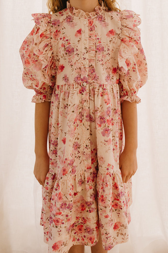 PETITE AMALIE "Soleil" Elbow Sleeve Scallop Posie Print Voile Dress