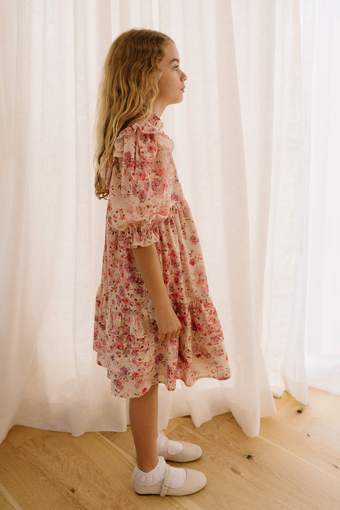 PETITE AMALIE "Soleil" Elbow Sleeve Scallop Posie Print Voile Dress