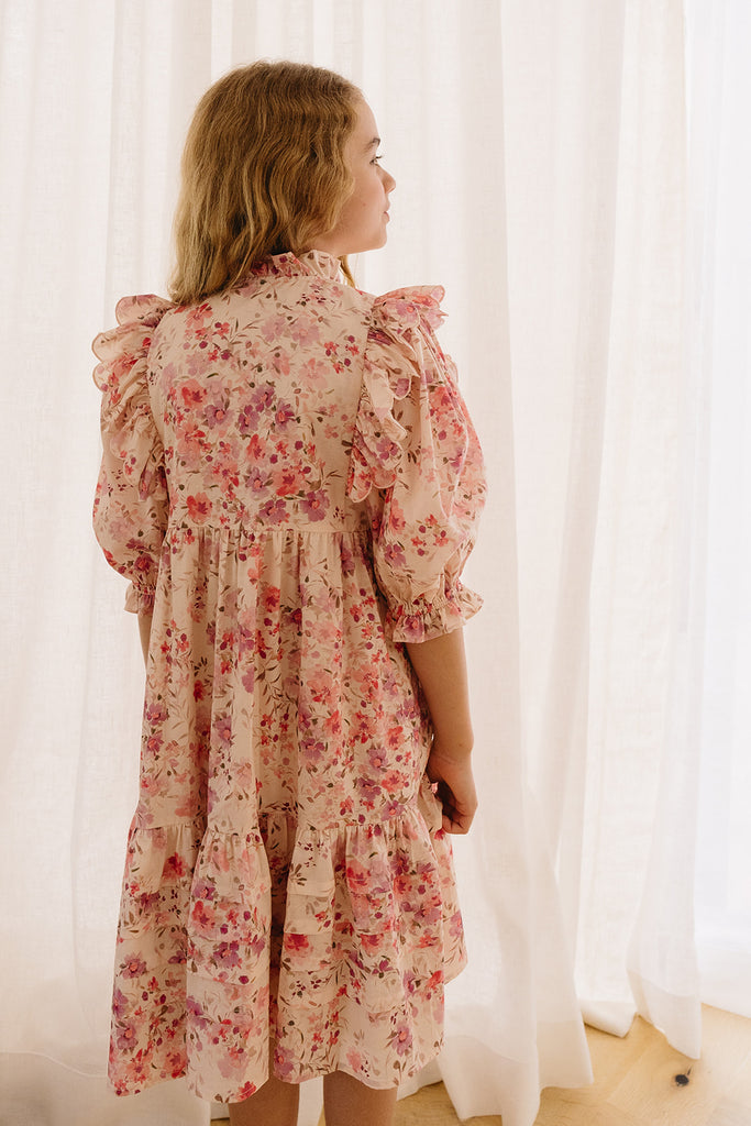 PETITE AMALIE "Soleil" Elbow Sleeve Scallop Posie Print Voile Dress