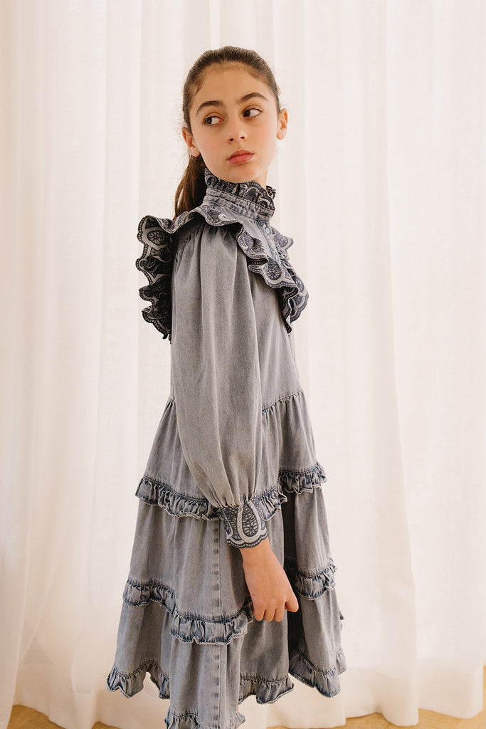 PETITE AMALIE "Soleil" Embroidered Chambray Dress with Tiered Skirt