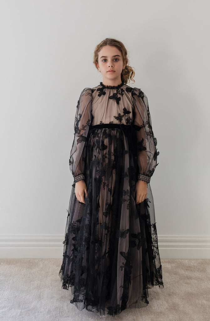 PETITE AMALIE "Enchanted Delight" Black Butterfly Tulle Gown Dress with Natural Lining