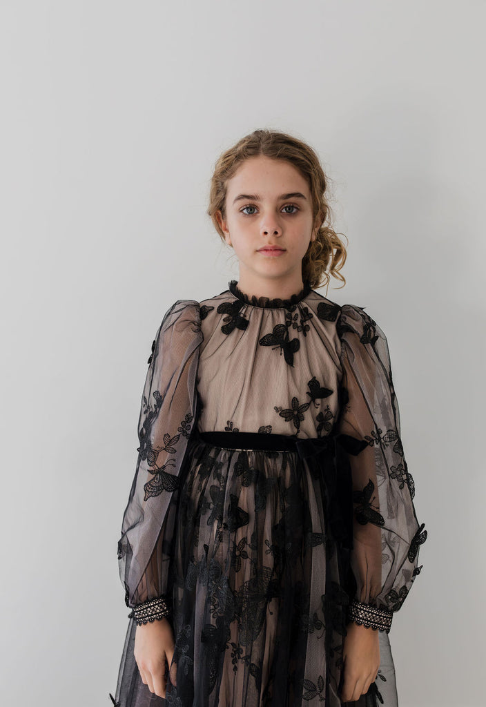 PETITE AMALIE "Enchanted Delight" Black Butterfly Tulle Gown Dress with Natural Lining