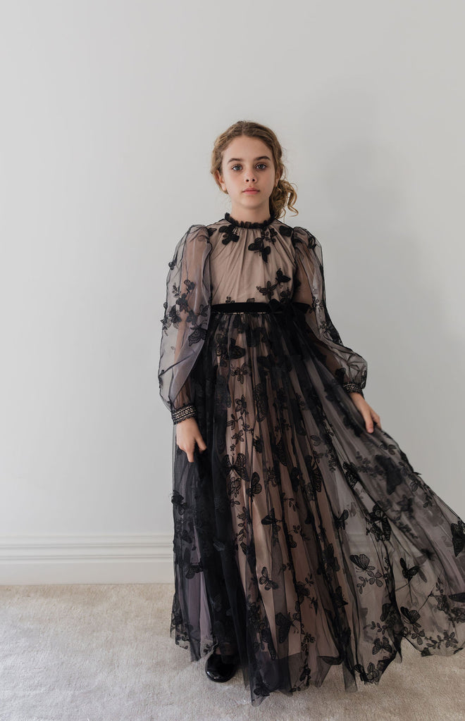 PETITE AMALIE "Enchanted Delight" Black Butterfly Tulle Gown Dress with Natural Lining