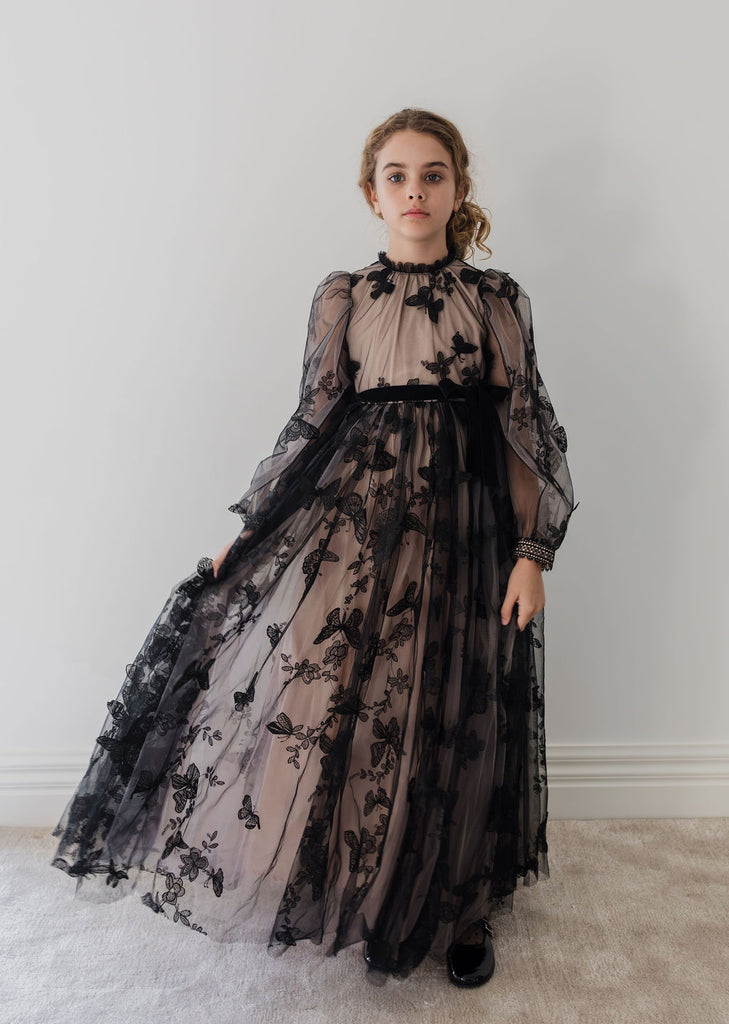 PETITE AMALIE "Enchanted Delight" Black Butterfly Tulle Gown Dress with Natural Lining