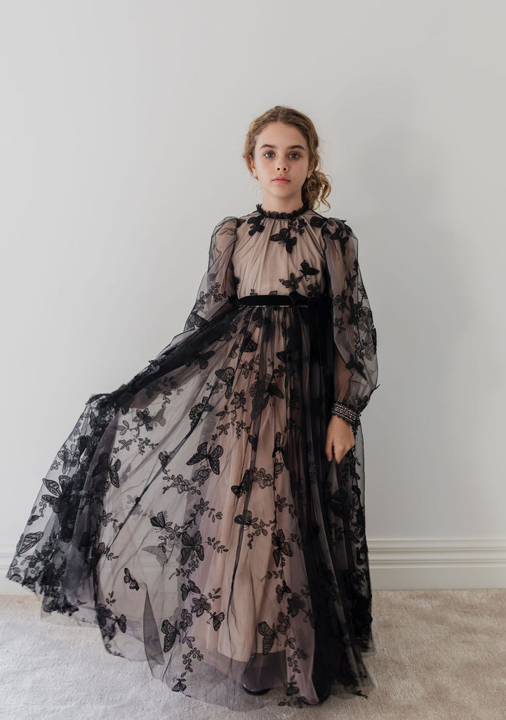 PETITE AMALIE "Enchanted Delight" Black Butterfly Tulle Gown Dress with Natural Lining