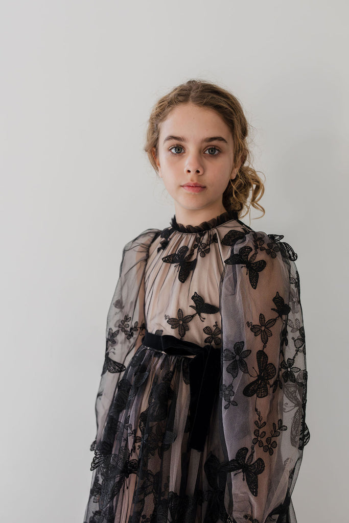 PETITE AMALIE "Enchanted Delight" Black Butterfly Tulle Gown Dress with Natural Lining