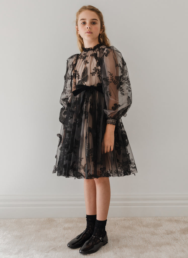 PETITE AMALIE "Enchanted Delight" Black Butterfly Tulle Dress with Natural Lining