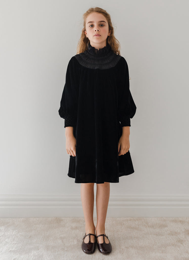 PETITE AMALIE "Enchanted Delight" Velvet Shirred Organza Dress in Black