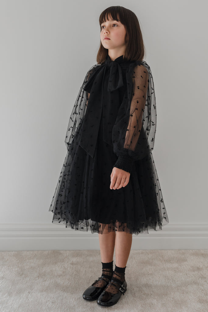 PETITE AMALIE "Enchanted Delight" Black Rose Flocked Mesh Bow Dress