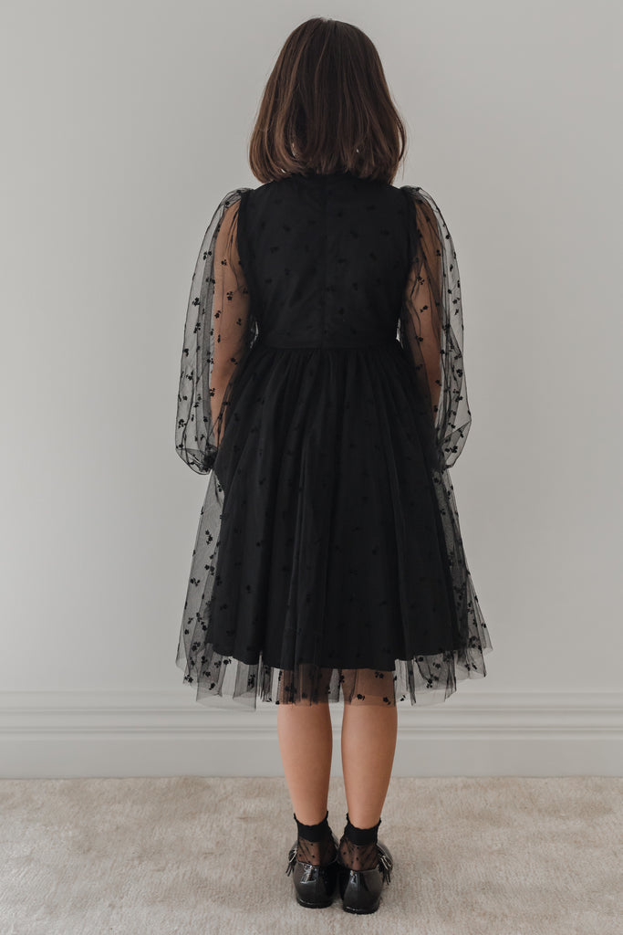 PETITE AMALIE "Enchanted Delight" Black Rose Flocked Mesh Bow Dress