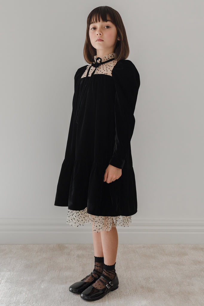 PETITE AMALIE "Enchanted Delight" Flock Spot Mesh and Velvet Dress