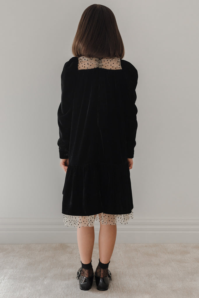 PETITE AMALIE "Enchanted Delight" Flock Spot Mesh and Velvet Dress