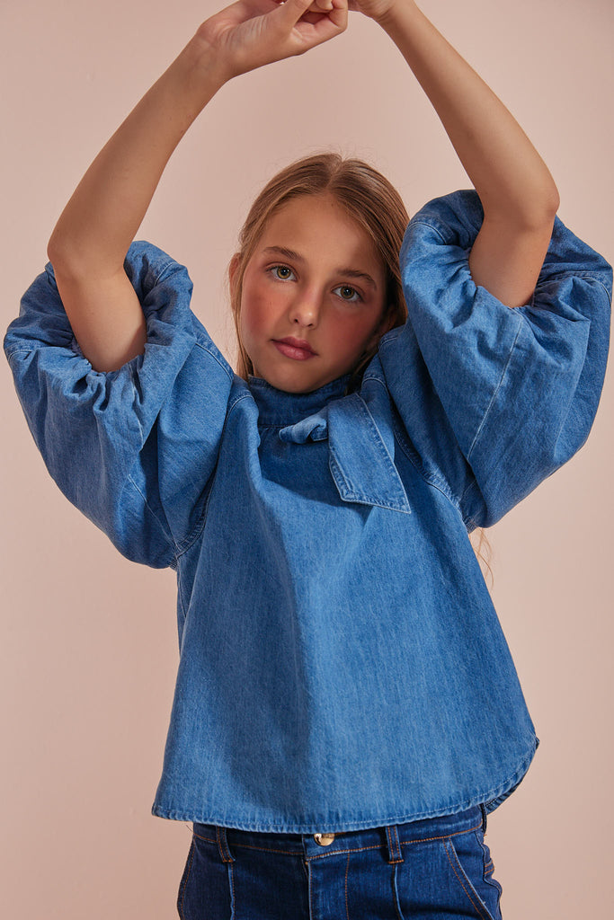 PETITE AMALIE "Petite Pink" Chambray Bow Neck Top