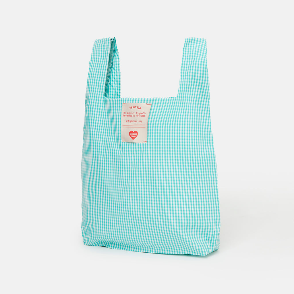 WEEKEND HOUSE KIDS "Small Is Beautiful" Green Checks Pink Cat Tote Bag