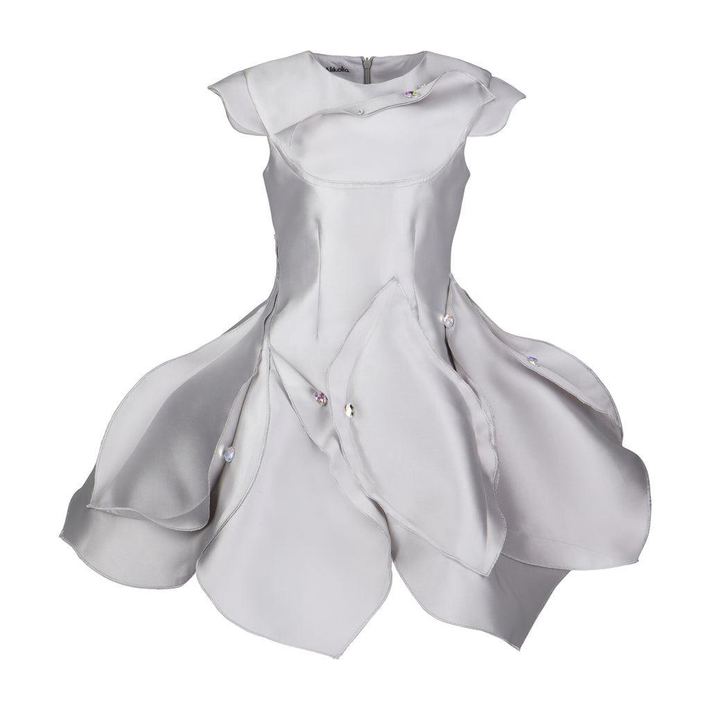 NIKOLIA "Beautiful Madness" Divine Taffeta Petal Dress in Silver