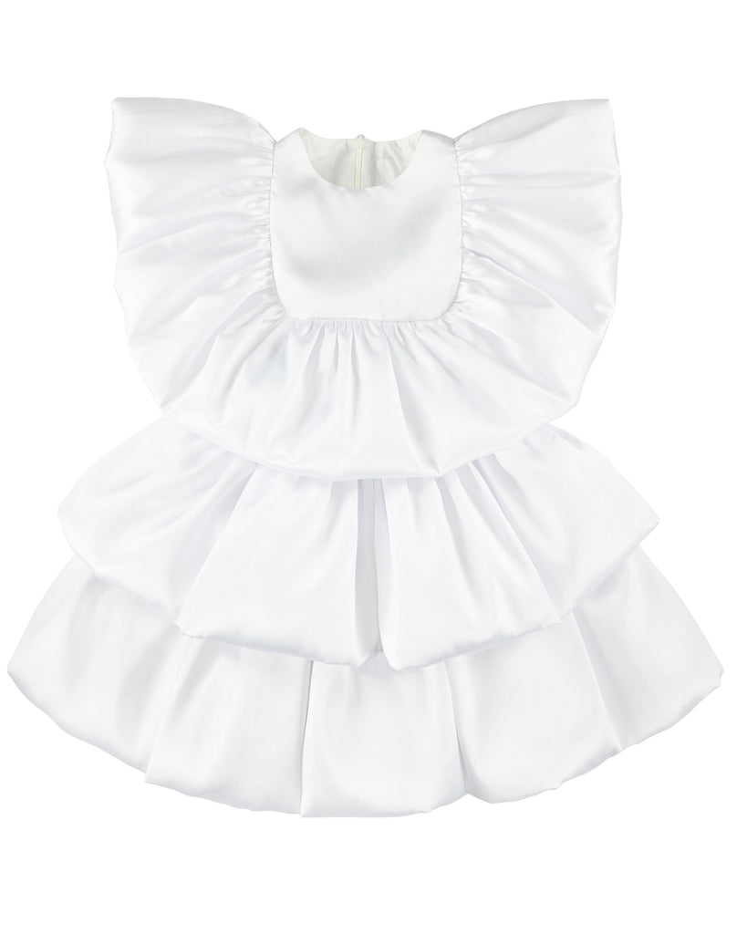 CAROLINE BOSMANS "Miss(ed) Universe" Short Sleeve Dress with Front Ruffle in White (bag sold separately)