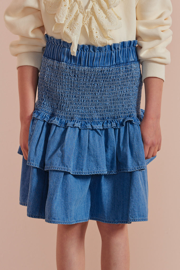 PETITE AMALIE "Petite Pink" Chambray Shirred Tiered Skirt in Dark Chambray