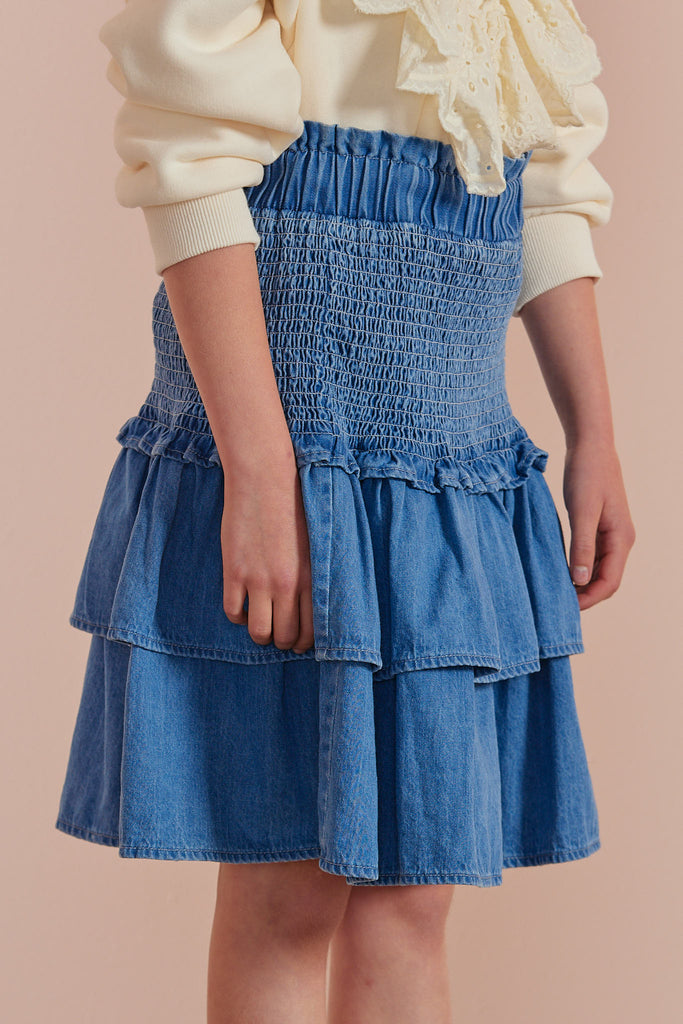 PETITE AMALIE "Petite Pink" Chambray Shirred Tiered Skirt in Dark Chambray