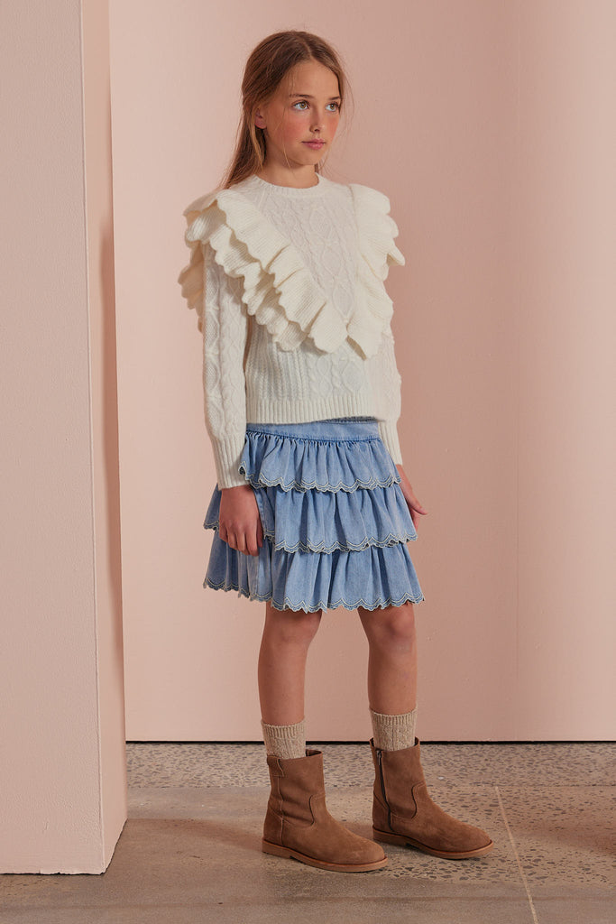 PETITE AMALIE "Petite Pink" Ruffle Front Cable Knit Sweater