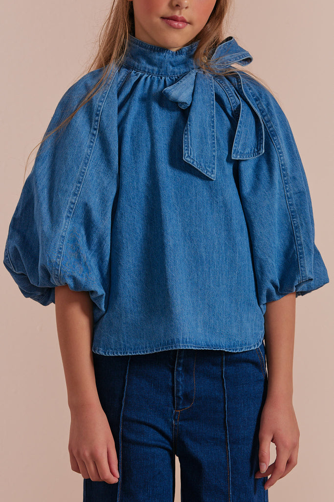 PETITE AMALIE "Petite Pink" Chambray Bow Neck Top