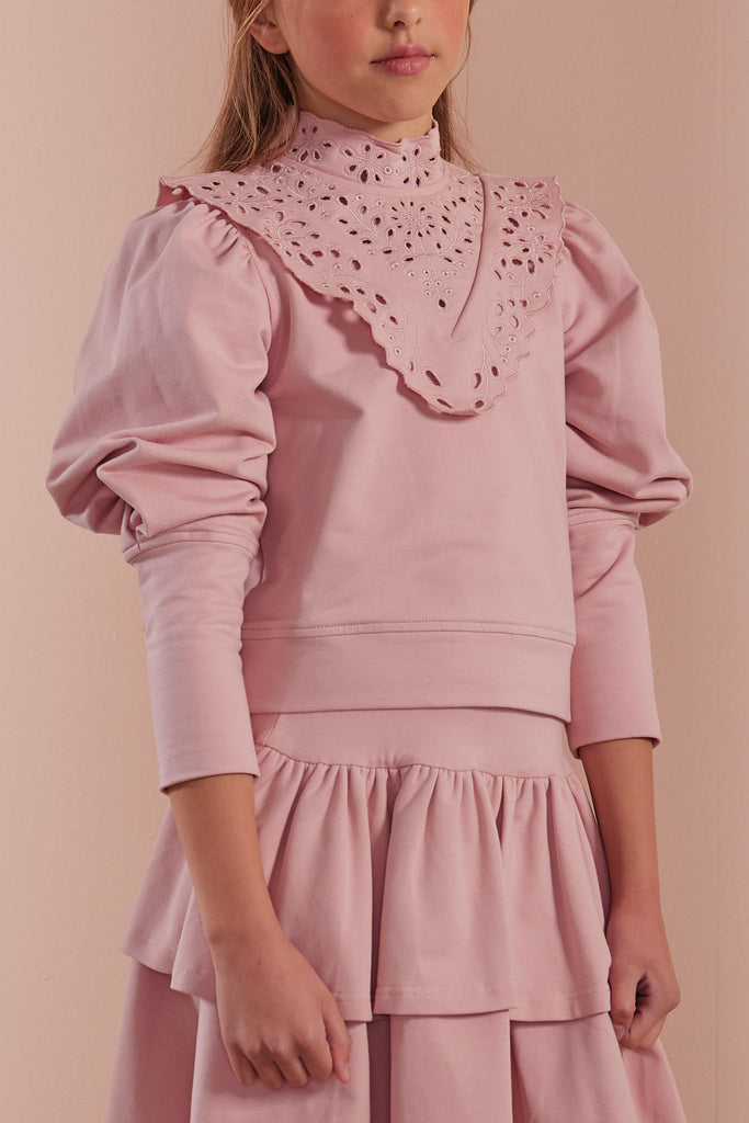 PETITE AMALIE "Petite Pink" Cut Out Embroidered Sweatshirt Top in Misty Rose