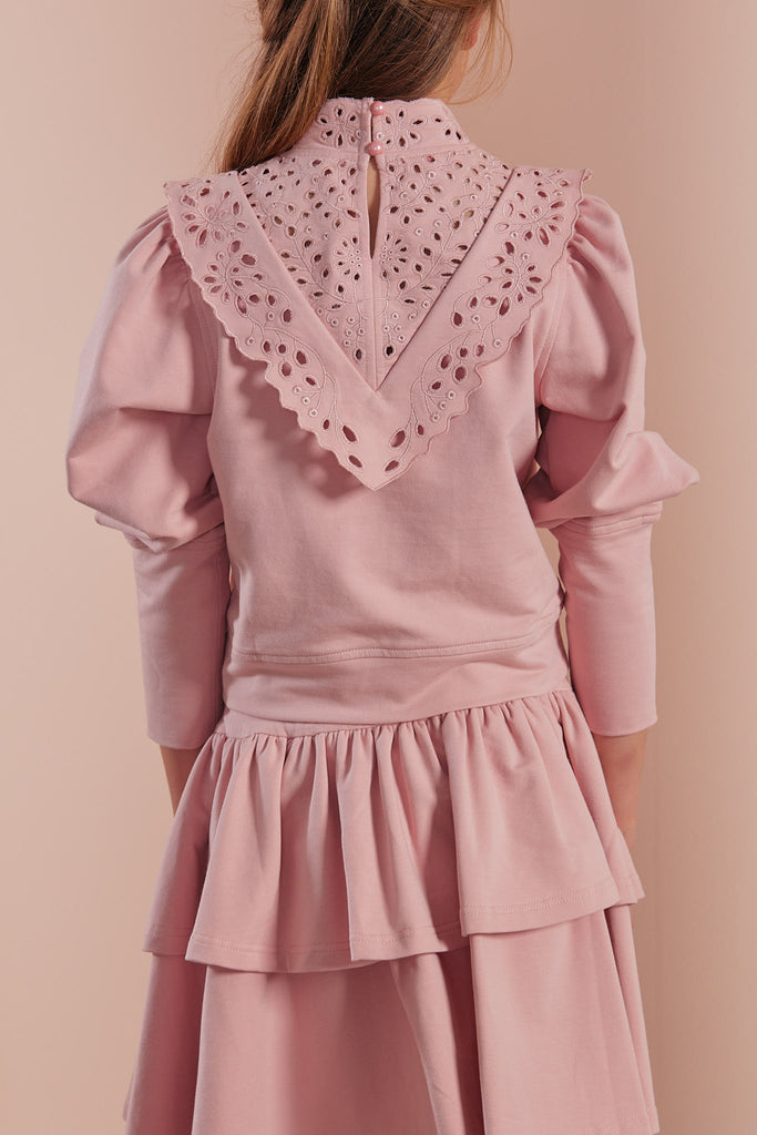 PETITE AMALIE "Petite Pink" Cut Out Embroidered Sweatshirt Top in Misty Rose