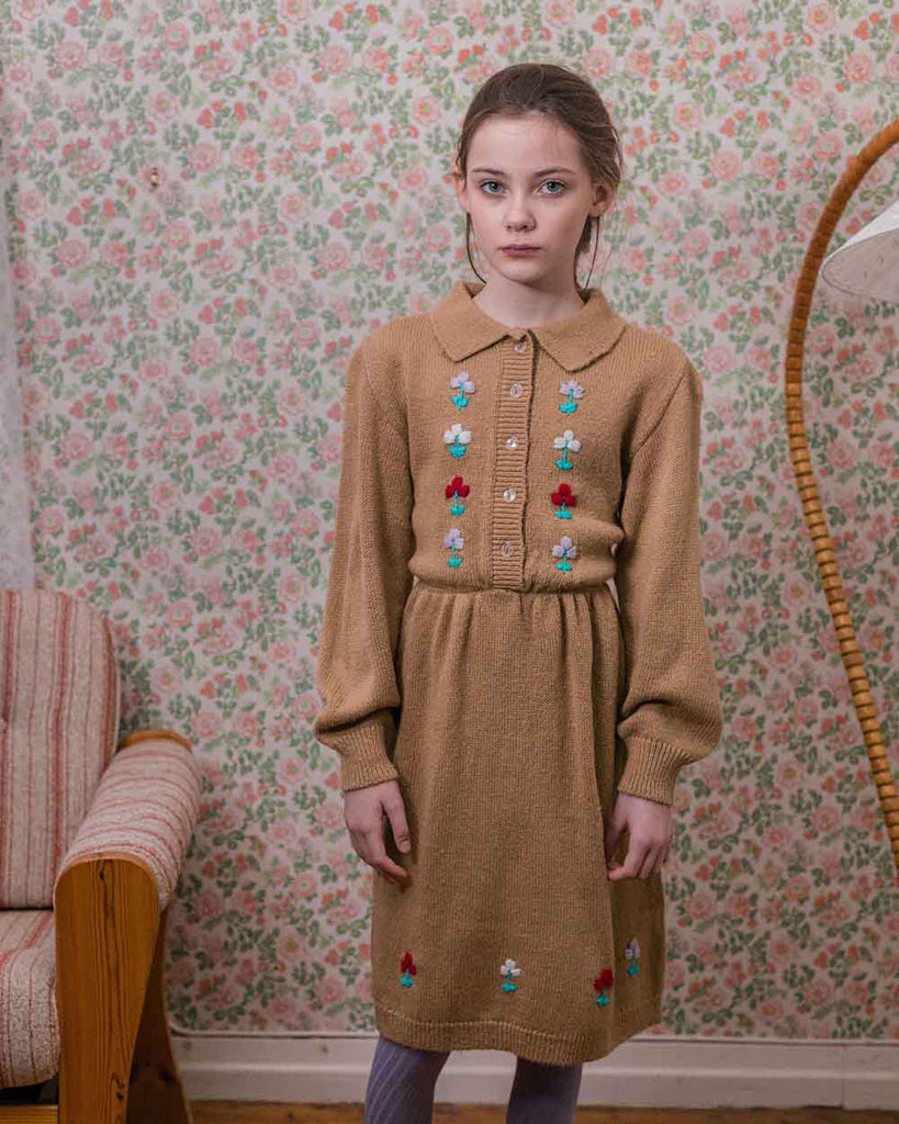 FISH & KIDS AW23 Knit Camel Dress with Embroidered Flowers and Buttons