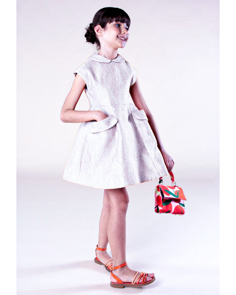 MiMiSol SS24 Jacquard Overlay Retro Dress with Tulip Skirt in Cream