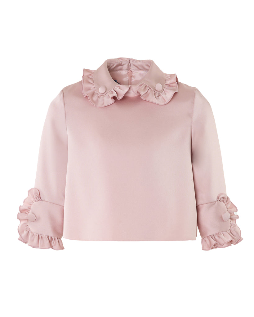 MiMiSol FW24 RUFFLE-DETAIL SATEN-CREPE TOP  Blouse in Pink