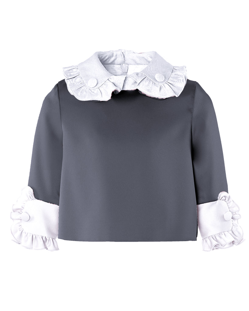 MiMiSol FW24 RUFFLE-DETAIL SATEN-CREPE TOP  Blouse in Black and White