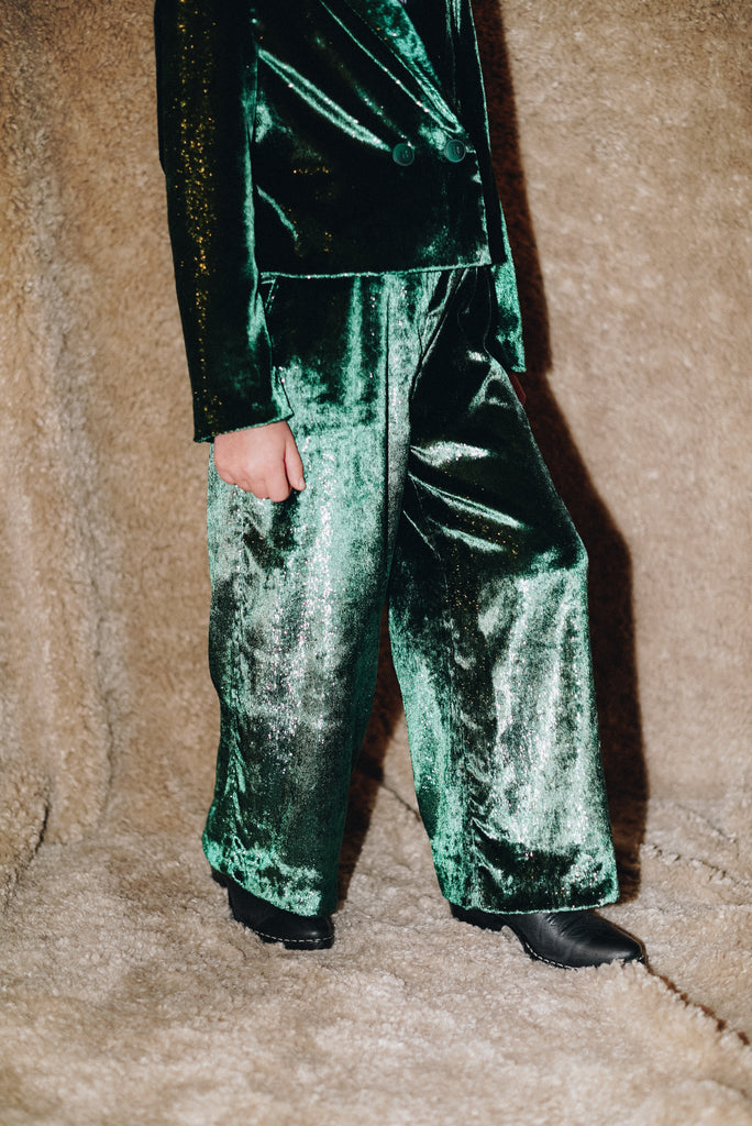 PAADE MODE "ALPENGLOW" Velvet Trouser Pants in Crinkle Green