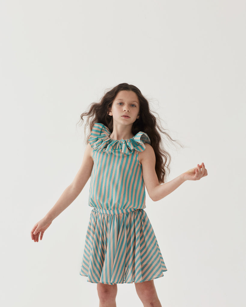 THE MIDDLE DAUGHTER SS24 IN FULL SWING Skirt in JUST PEACHY THE POOL STRIPE SEERSUCKER