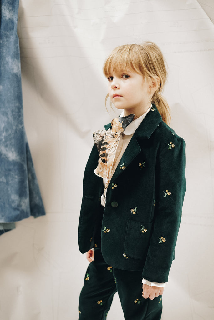 PAADE MODE "WINTER MEADOW" Cotton Embroidered Velvet Blazer in Emerald Green