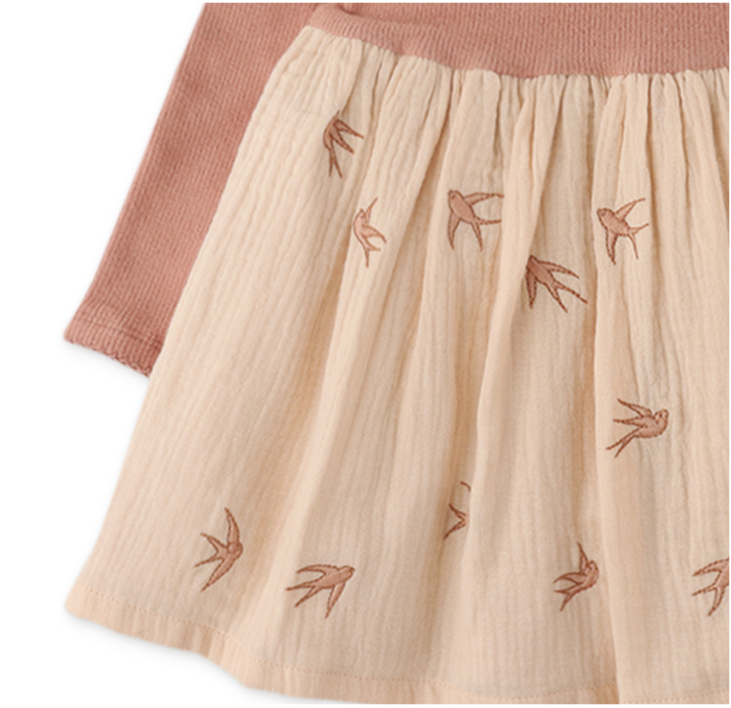 GINGERSNAPS FW24 BABY GIRL ENVELOP NECK DRESS WITH BIRD EMBROIDERY