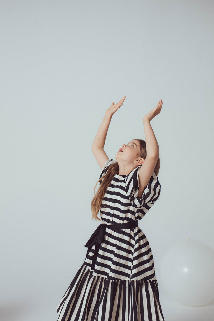 UNLABEL SS24 Zoey Puffy Sleeve Dress in Milk and Black Stripe