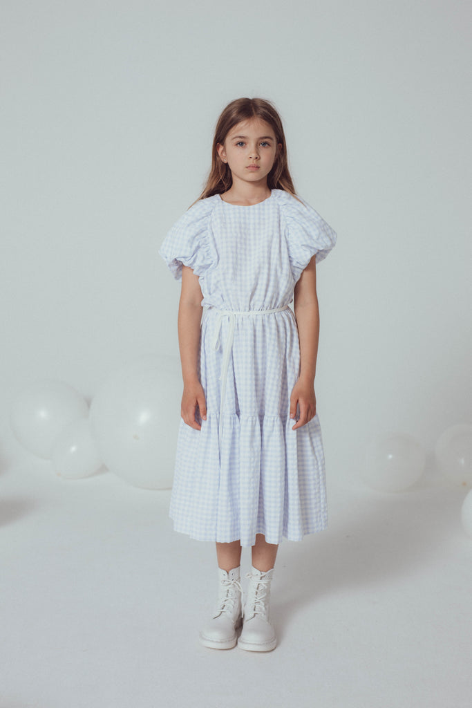 UNLABEL SS24 Mark Puffy Sleeve Dress in Sky Blue Checks