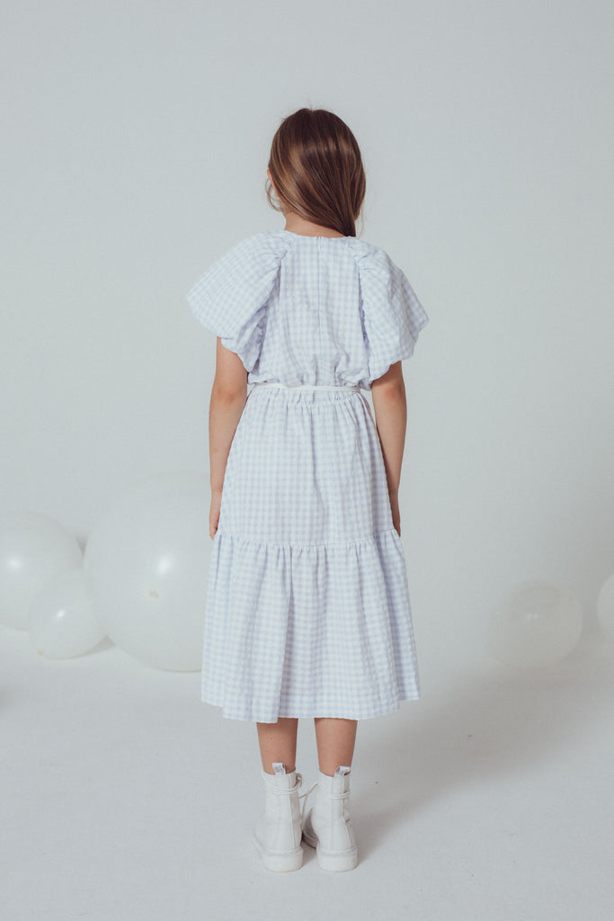 UNLABEL SS24 Mark Puffy Sleeve Dress in Sky Blue Checks