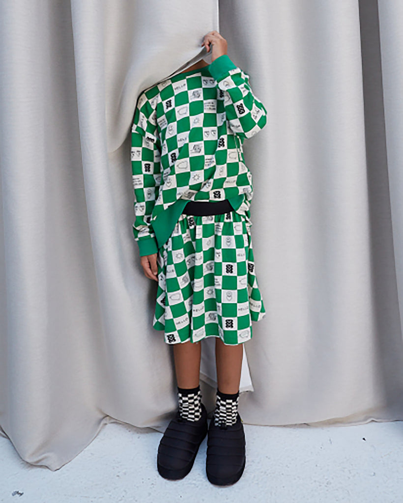 BEAU LOVES  "I see you" True Green Comic Book Check Circle Skirt