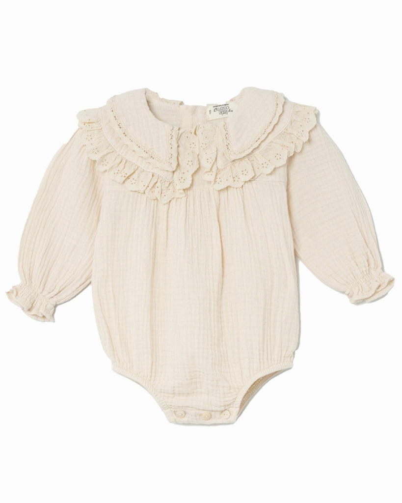 MY LITTLE COZMO "MANIFESTO n°1" Baby Soft Gauze Collar Romper in Stone