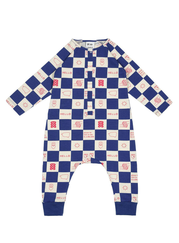 BEAU LOVES  "I see you" BABY True Blue Comic Book Check Romper and Bonnet Set