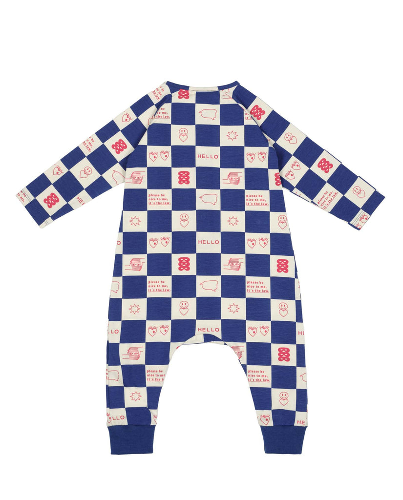 BEAU LOVES  "I see you" BABY True Blue Comic Book Check Romper and Bonnet Set