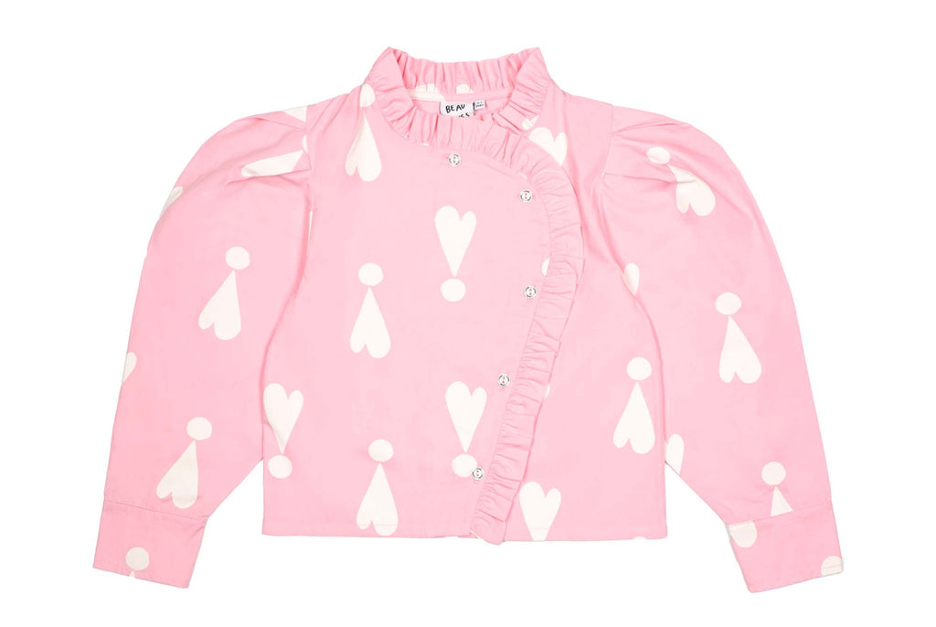 BEAU LOVES  "I see you" Rose Pink Exclamation Hearts Ruffled Shirt