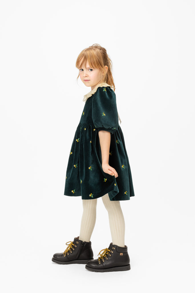 PAADE MODE "WINTER MEADOW" Cotton Velvet Dress with Removable Collar in Emerald