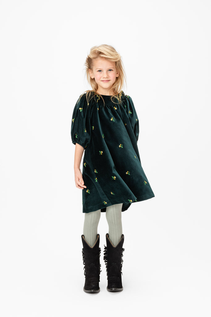 PAADE MODE "WINTER MEADOW" Cotton Velvet Dress with Removable Collar in Emerald